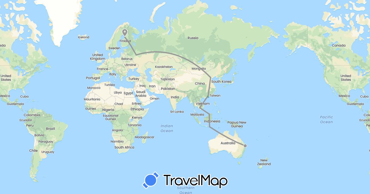 TravelMap itinerary: driving, bus, plane, boat in Australia, Brunei, China, Finland, Indonesia, Cambodia, Russia (Asia, Europe, Oceania)